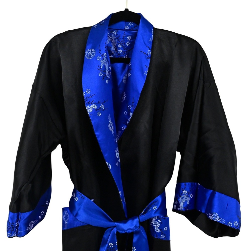 VTG Reversible Phoenix Dragon Kimono Robe Silk Satin Black Blue Pristine Boho - Picture 6 of 15